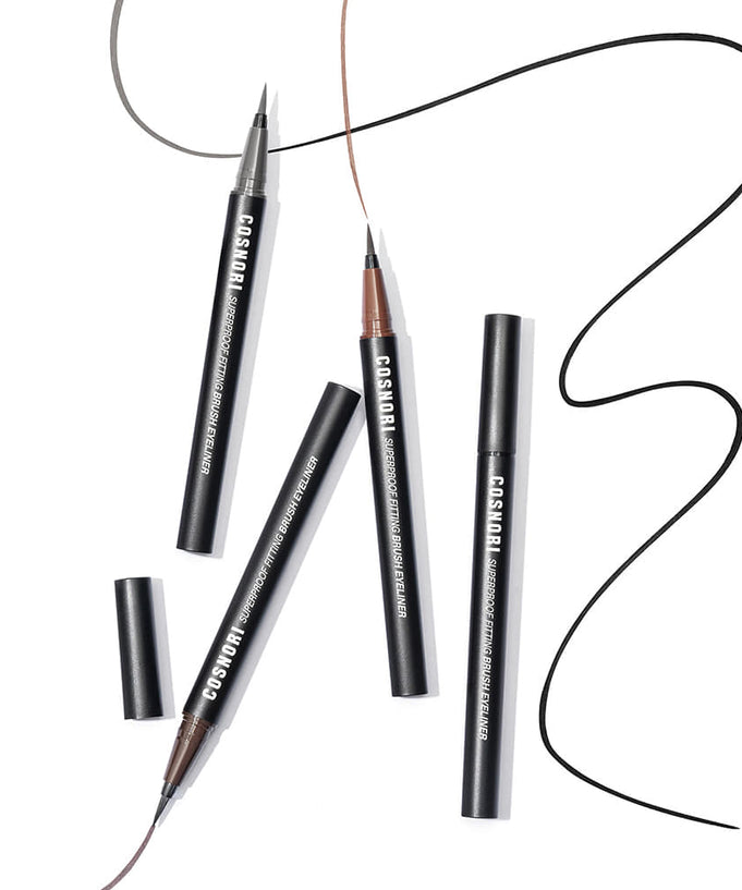 Image of COSNORI Superproof Fiting Brush Eyeliner in multiple colors with caps and thin brush tips.