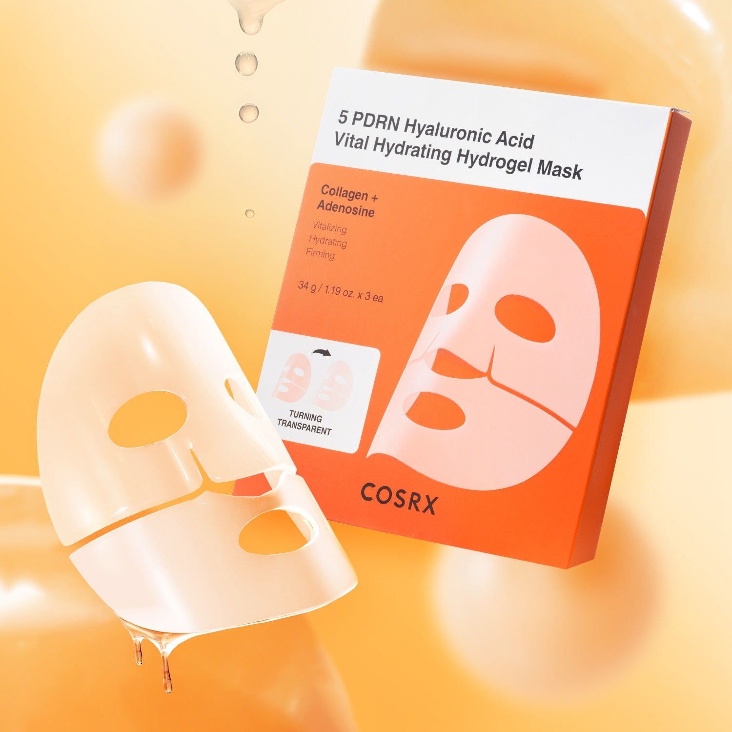 COSRX 5 PDRN Hyaluronic Acid Vital Hydrogel Mask (3 sheets) packaging and mask on a peach background