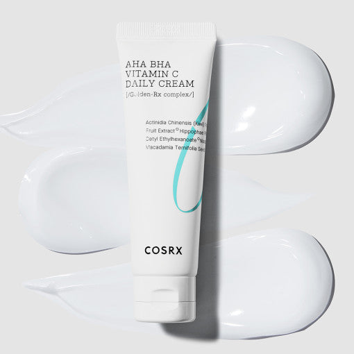 Tube of COSRX AHA BHA Vitamin C Daily Cream 50ml on a white background with product swatches.