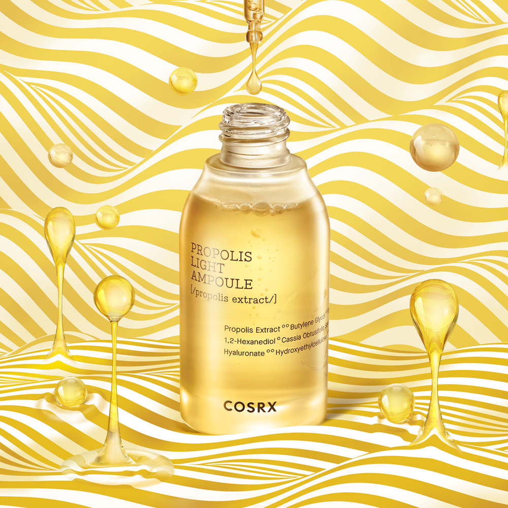 COSRX Full Fit Propolis Light Ampoule 30ml with 83% black bee propolis extract for soothing, hydrating, and anti-inflammatory skincare benefits.