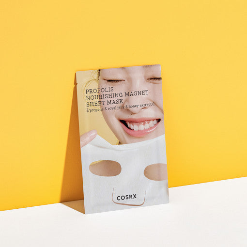COSRX Full Fit Propolis Nourishing Magnet Sheet Mask displayed against yellow background