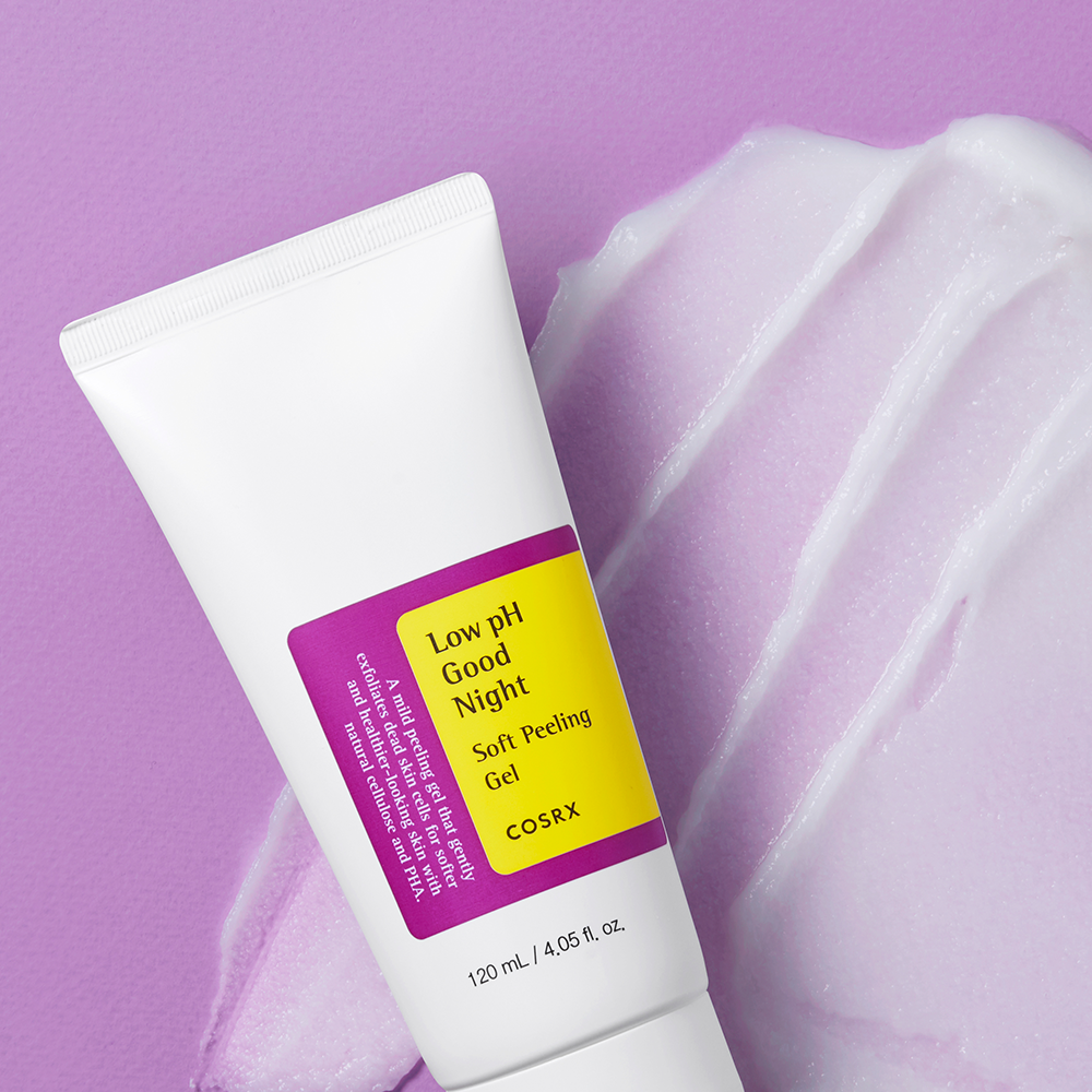 COSRX Low pH good night soft peeling Gel 120ml exfoliant for smooth skin on purple background