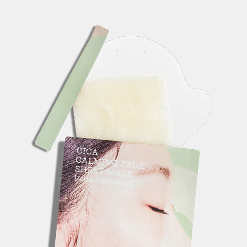 COSRX Pure Cica Cica Calming True Sheet Mask open package showing partial mask and packaging design.