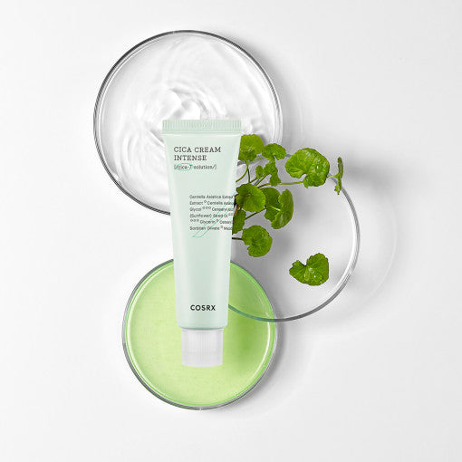 COSRX Pure Fit Cica Cream Intense 50ml tube with cream texture and green plant