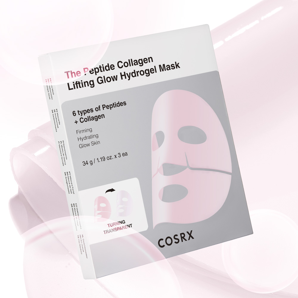 COSRX The Peptide Collagen Lifting Glow Hydrogel Mask (3 sheets) packaging with pink background