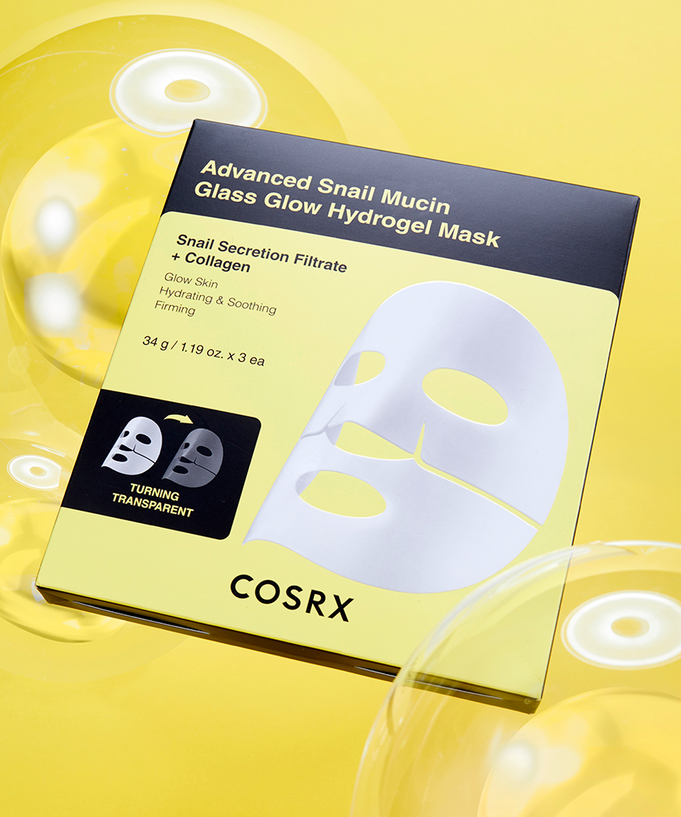 Packaging of COSRX Advanced Snail Mucin Glass Glow Hydrogel Mask (3 mask) against a yellow background