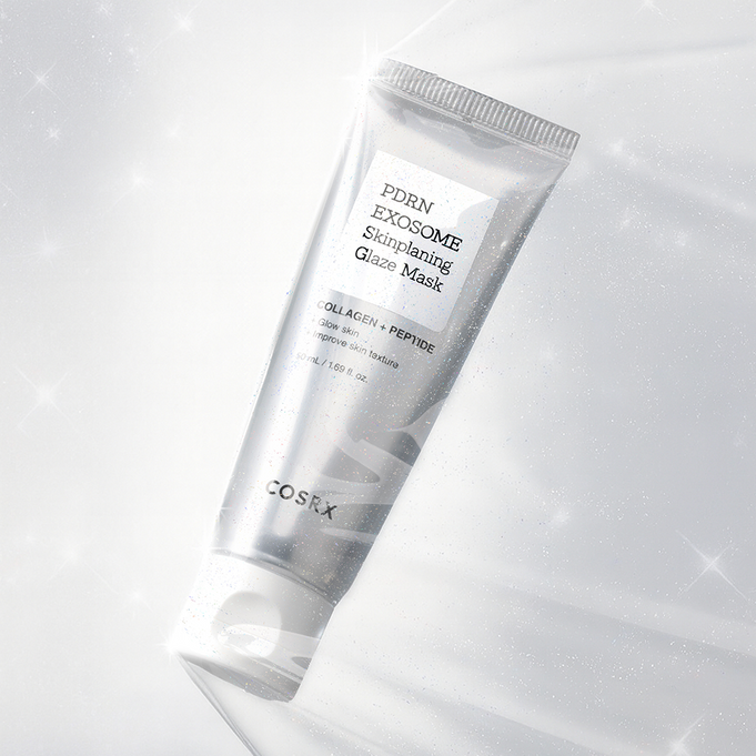 COSRX PDRN Exosome Skin Planning Glaze Mask tube with shiny silver packaging and sparkling background
