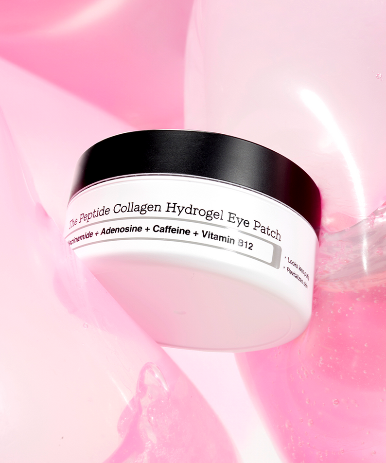 COSRX The Peptide Collagen Hydrogel Eye Patch 60p 85g container on a background of pink bubbles, skincare product