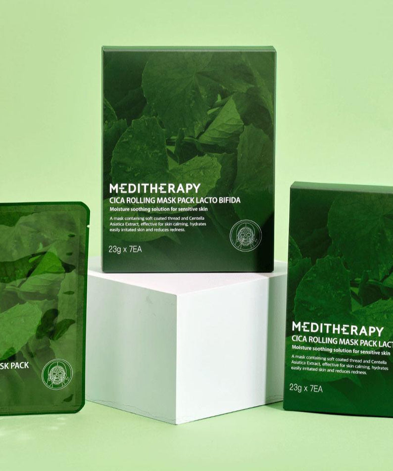 MEDITHERAPY Cica Rolling Mask packaging on display with green background highlighting the product features and design.