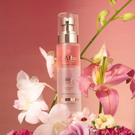 D'ALBA Repairing Hair Perfume Serum 100ml bottle with floral background