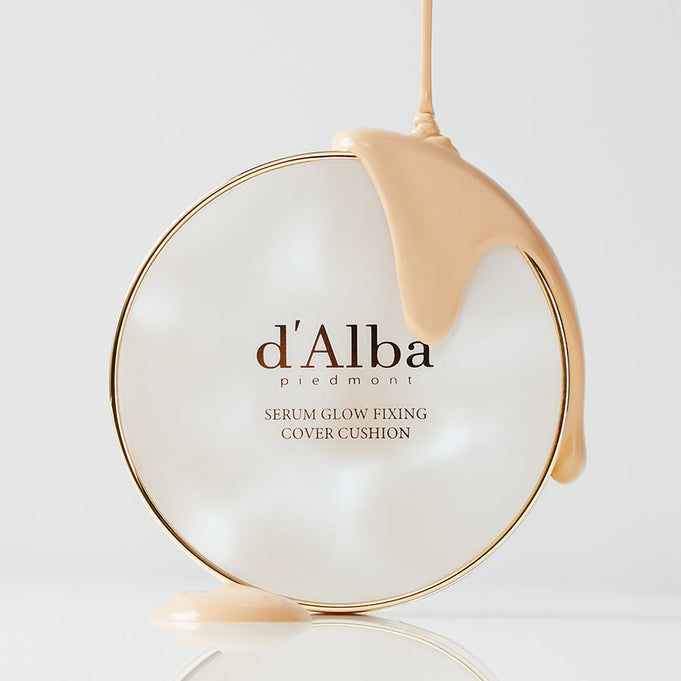 D'ALBA Serum Glow Fixing Cover Cushion with foundation pouring over compact