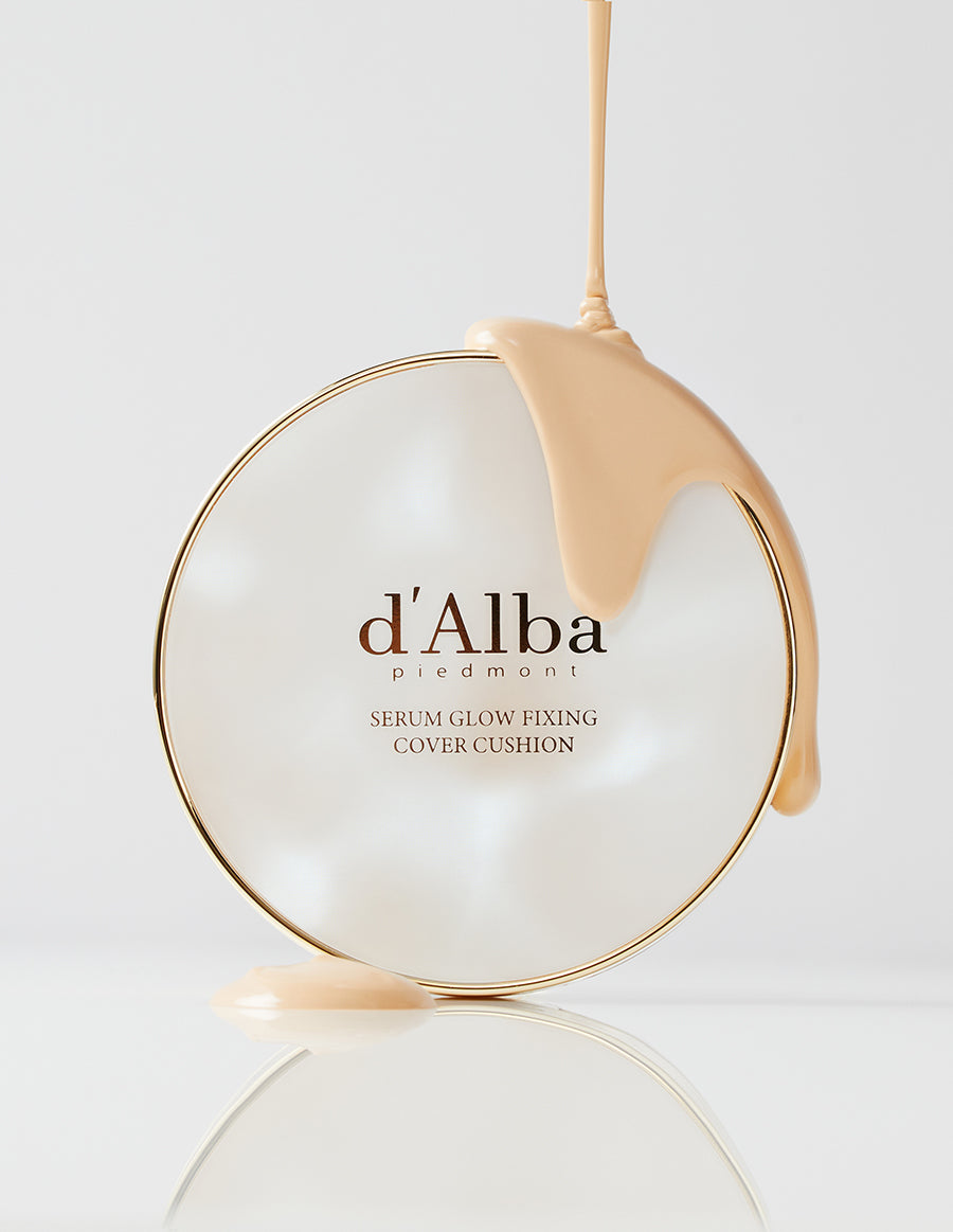 D'ALBA Serum Glow Fixing Cover Cushion with foundation pouring over compact