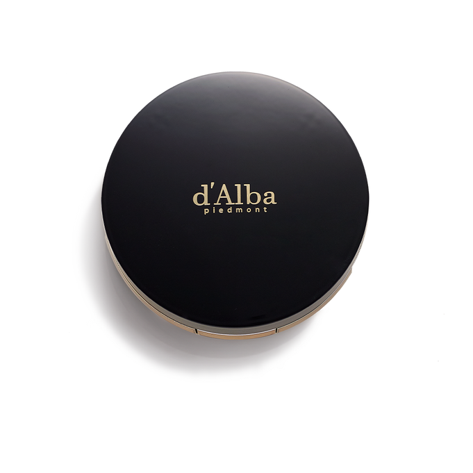 Black compact case of D'ALBA Skin Fit Grinding Serum Cover Pact with elegant gold lettering on the lid.