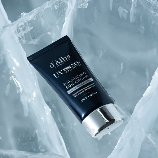 Gentleman Korea product shot of D'ALBA Vegan Men Balancing Suncream 50ml on icy background for Korean men's skincare export