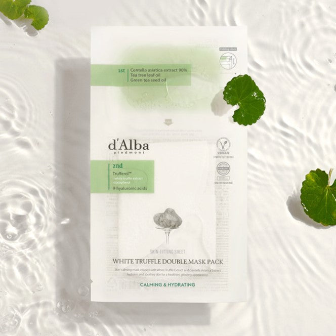 D'ALBA White Truffle Double Mask Pack [Calming/ Hydrating] (4 Sheets) displayed with green leaves