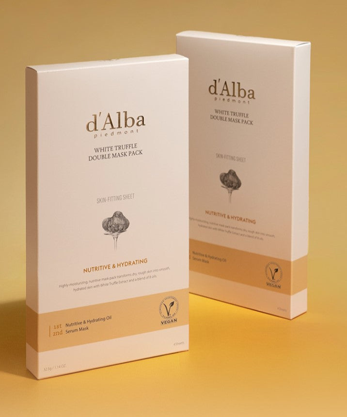 D'ALBA White Truffle Double Mask Pack [Nutritive/ Hydrating] (4 Sheets) packaging against gold background.