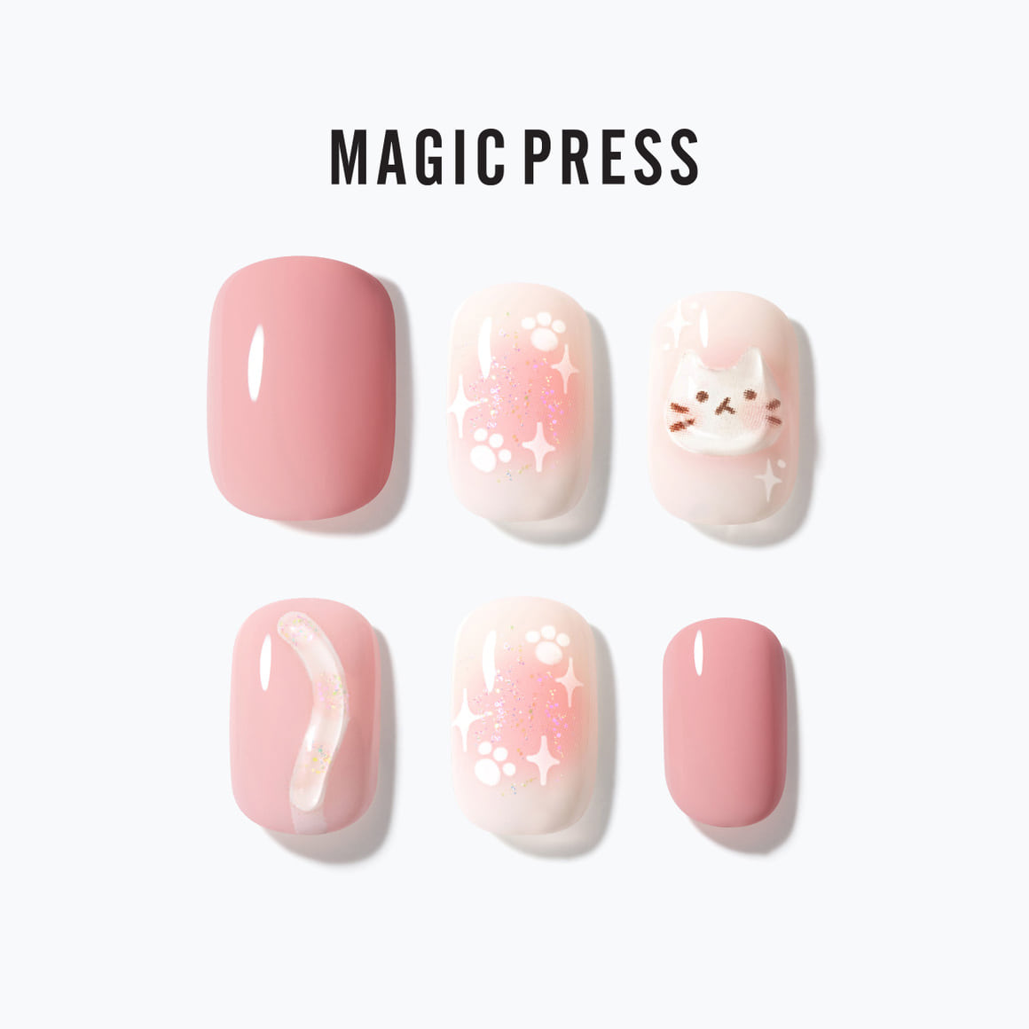DASHING DIVA MAGIC PRESS Cheek Meow - Regular Round, cat-themed pink press-on nails, easy and stylish manicure solution.