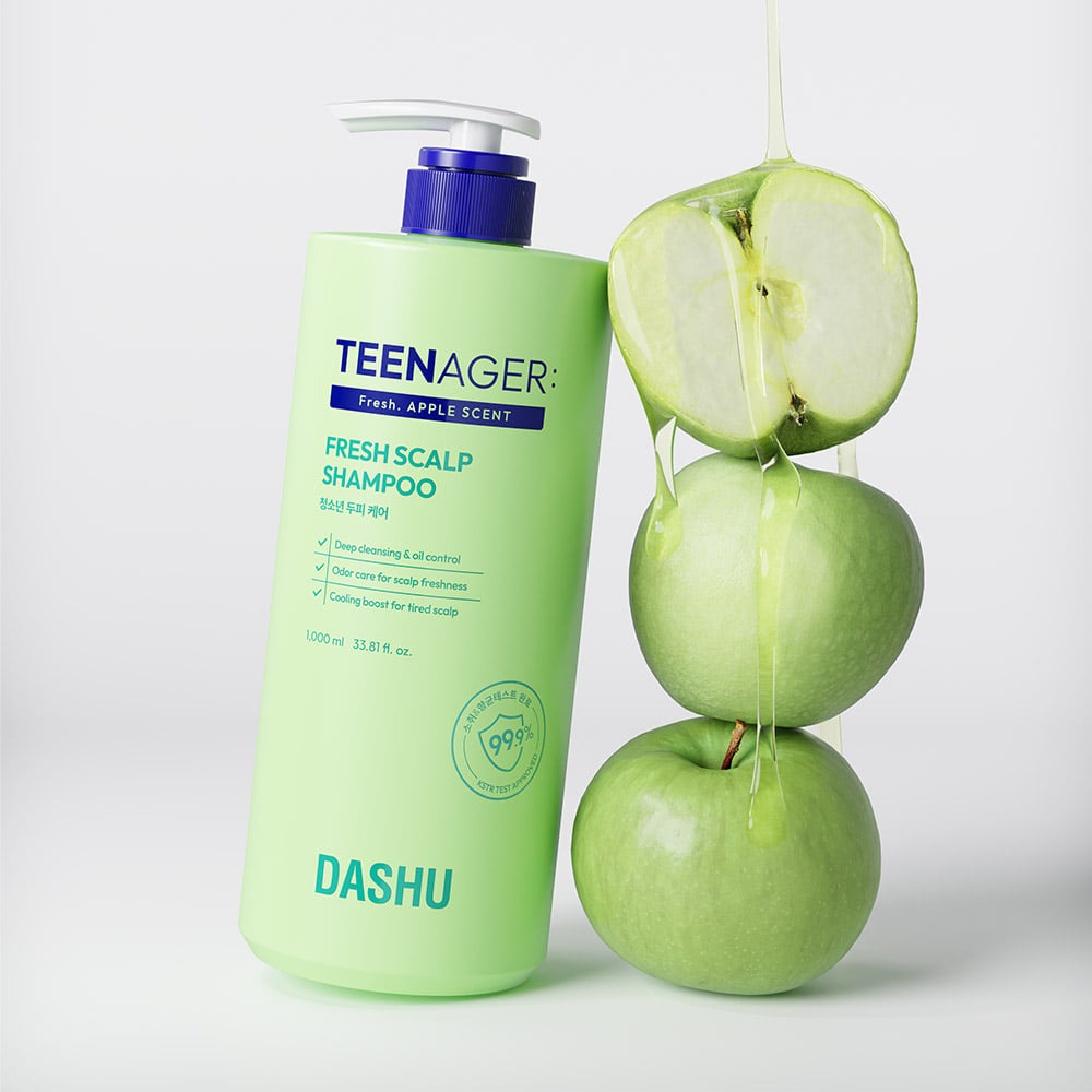 DASHU Daily Teenager Fresh Youth Scalp Care Shampoo 1000ml bottle with green apples for scalp freshness and vitality.