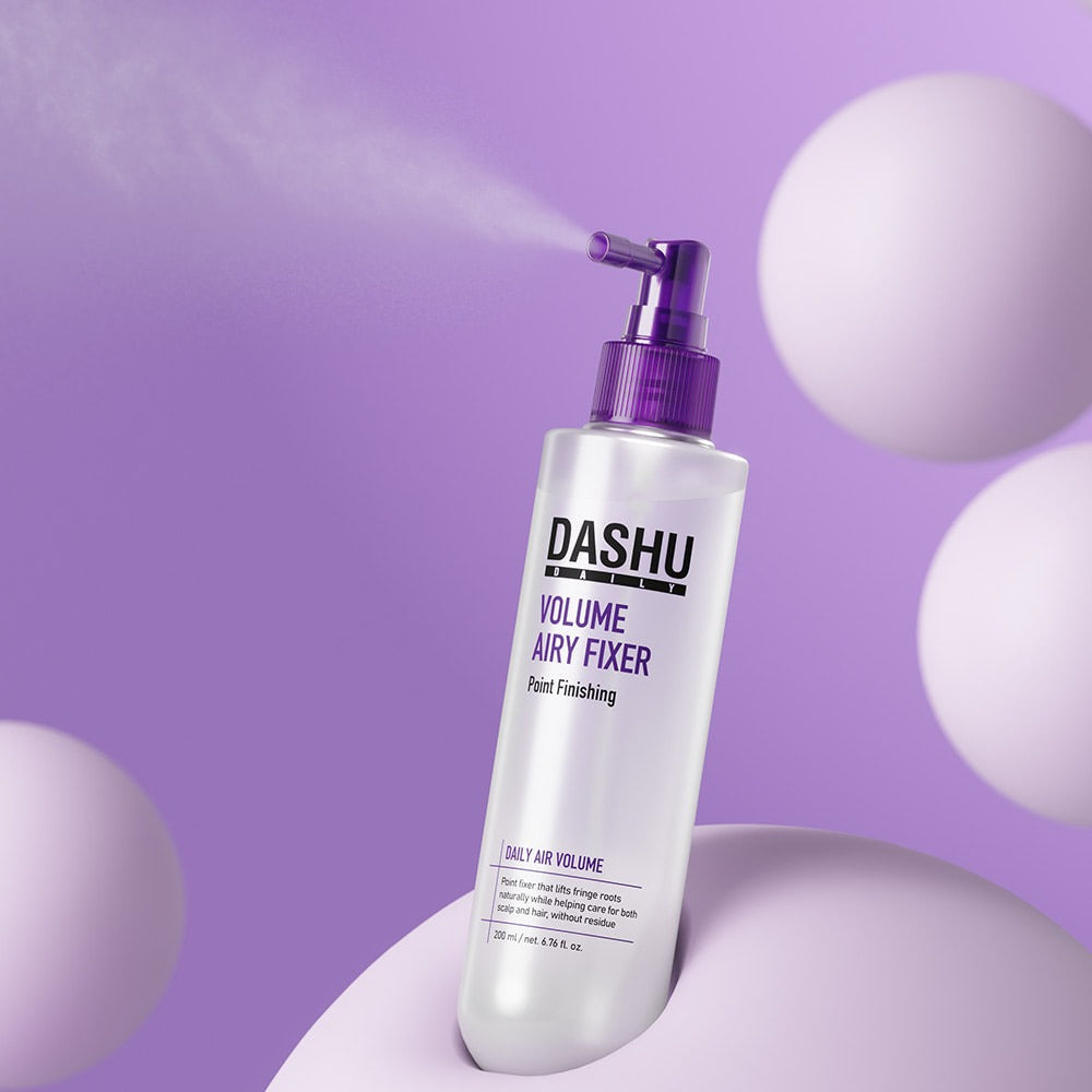 DASHU Daily Volume Airy Hair Fixer 200ml bottle with purple accents on a purple background