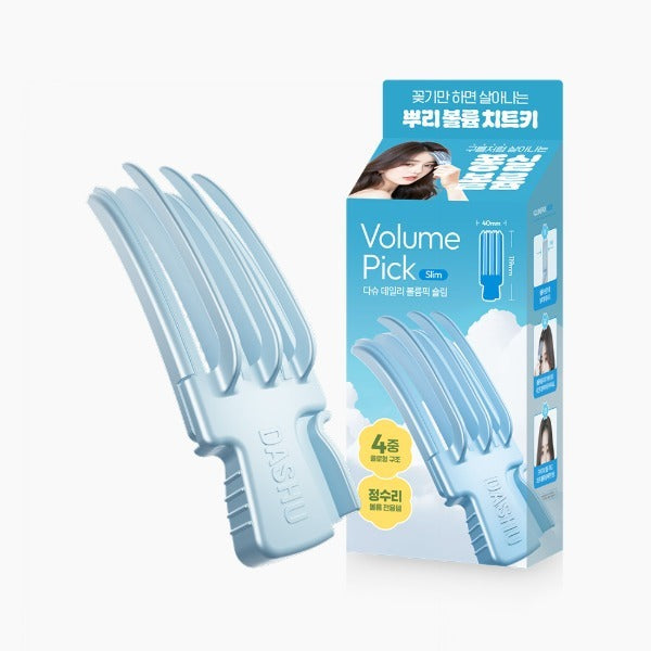 Image of DASHU Daily Volume Pick Slim and its packaging, featuring a blue hair styling tool for volume enhancement.