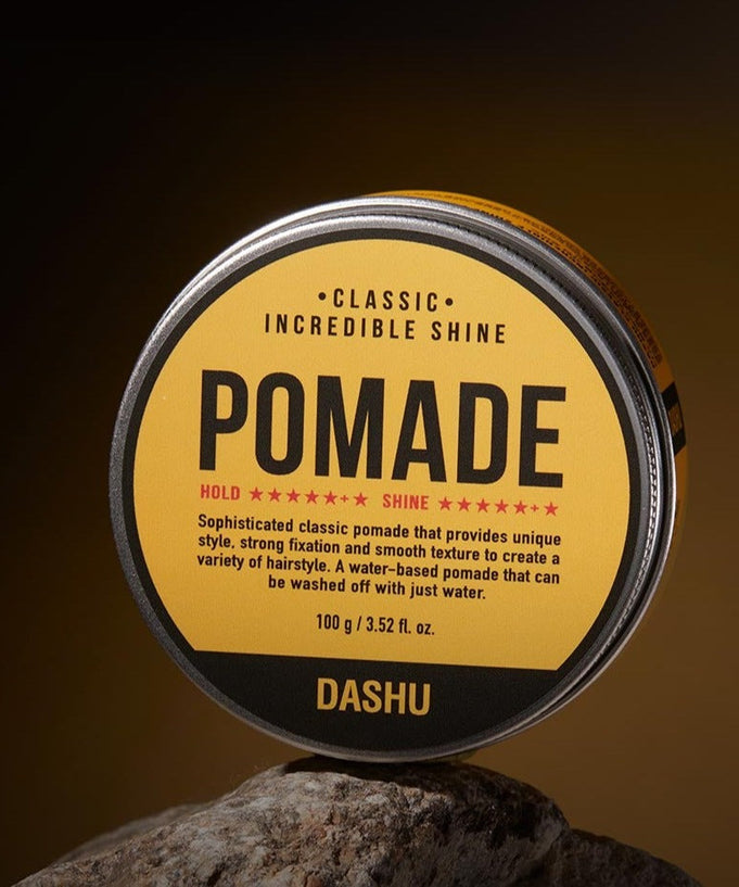 DASHU Classic Incredible Shine Pomade 100g tin on a rock.