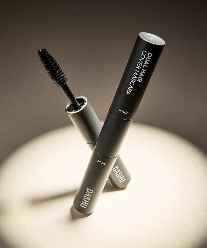 DASHU Daily Dual Hair Cover Mascara product image with open applicator brush, designed for hair and brow coverage.