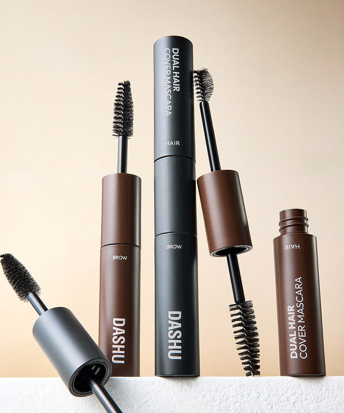 DASHU Daily Dual Hair Cover Mascara with open and closed tubes displayed, showcasing brush applicators for hair and brow coverage.