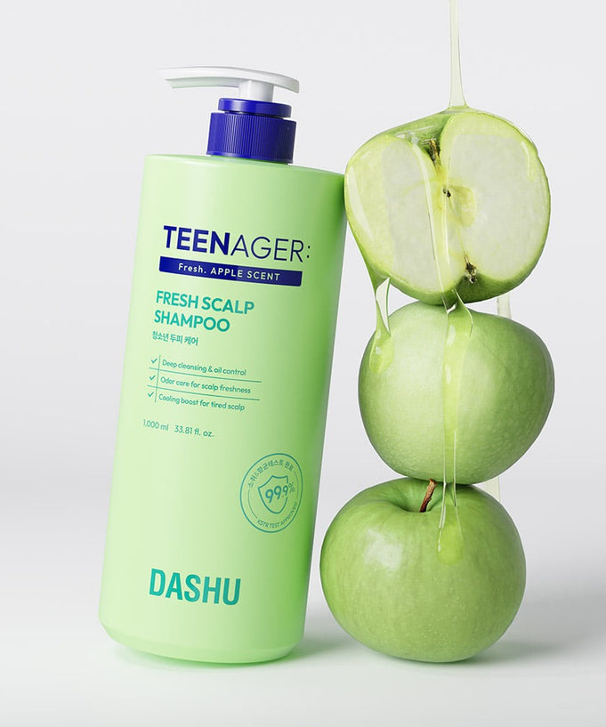 DASHU Daily Teenager Fresh Youth Scalp Care Shampoo 1000ml bottle with green apples for scalp freshness and vitality.