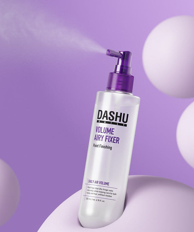 DASHU Daily Volume Airy Hair Fixer 200ml bottle with purple accents on a purple background