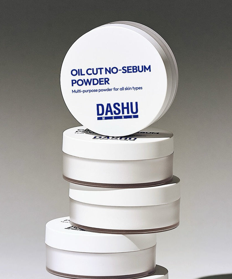 DASHU Men's Oil Cut No-Sebum Powder 5g – Gentleman Korea product image showing stacked white powder compacts for men's oil control