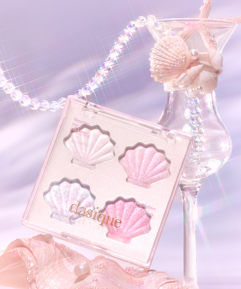 DASIQUE Shine Glowy Highlighter Palette with shell design, showcasing shimmering highlighter shades for a radiant glow.