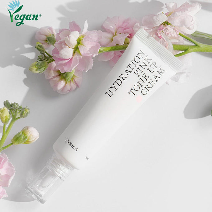 DEAR.A Hydration Pink Tone-Up Cream 30ml tube with floral background, vegan skincare