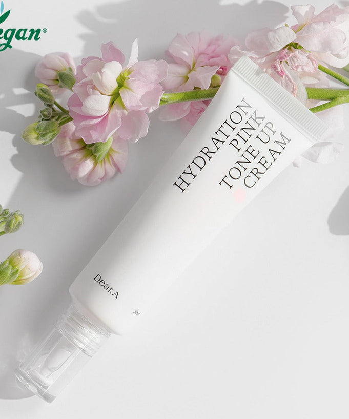 DEAR.A Hydration Pink Tone-Up Cream 30ml tube with floral background, vegan skincare