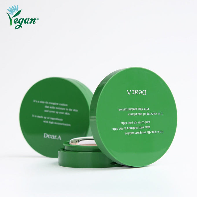 DEAR.A Slim Fit Everglow Cushion 10g displayed in green packaging with vegan label.
