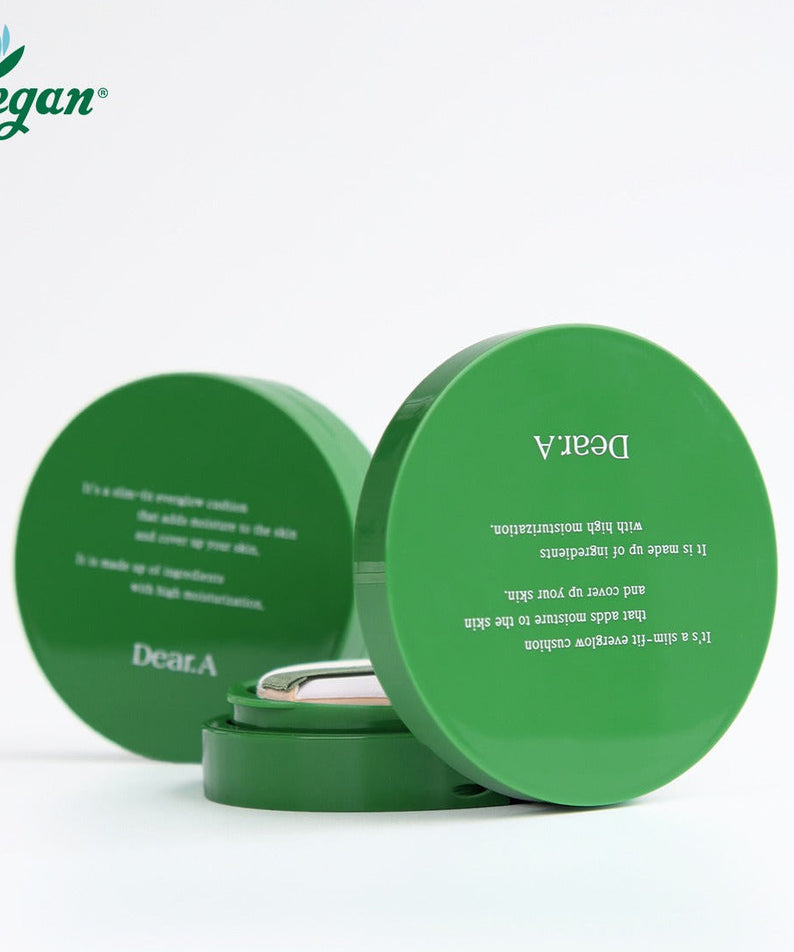 DEAR.A Slim Fit Everglow Cushion 10g displayed in green packaging with vegan label.