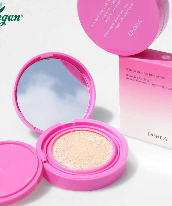 DEAR.A Slim Fit Tone-Up Sun Cushion 30ml pink compact with mirror and vegan label