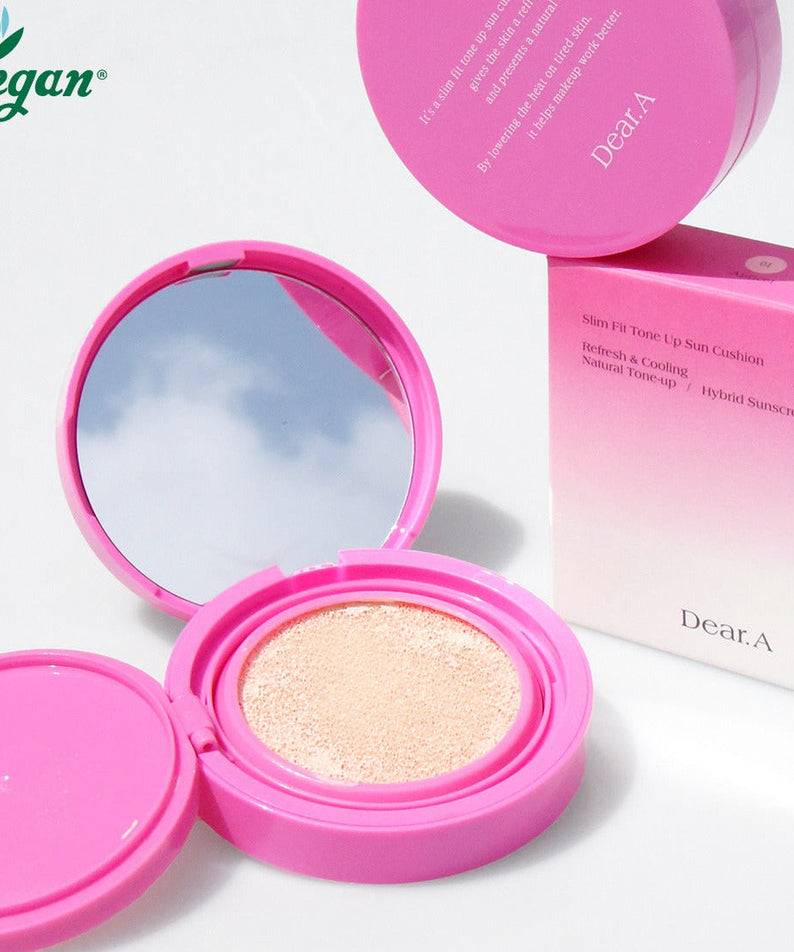 DEAR.A Slim Fit Tone-Up Sun Cushion 30ml pink compact with mirror and vegan label