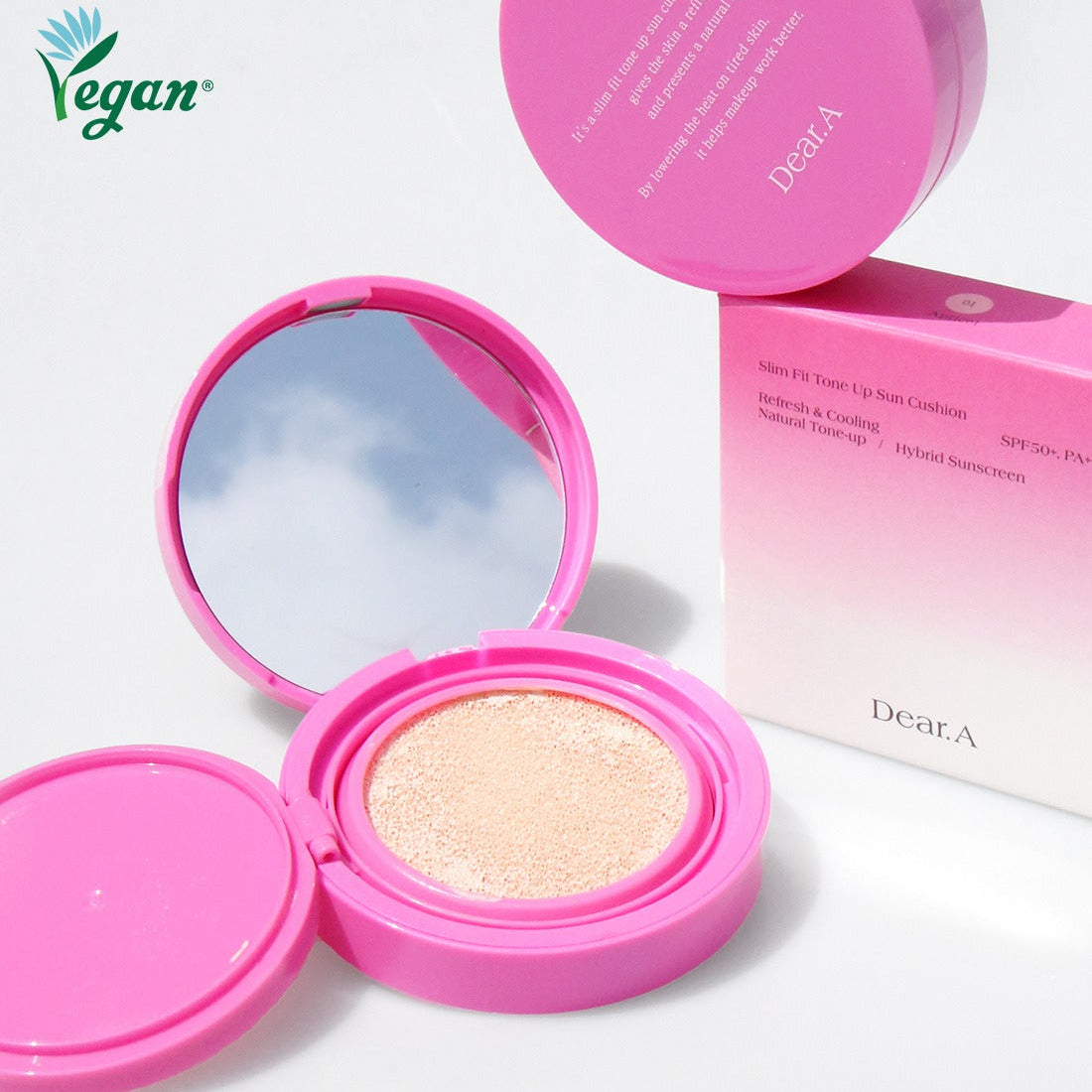 DEAR.A Slim Fit Tone-Up Sun Cushion 30ml pink compact with mirror and vegan label