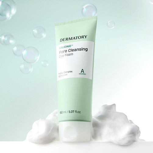 DERMATORY Salicinic Pore Cleansing Clay Foam 150ml bottle with foam and bubbles background