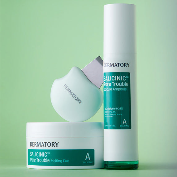DERMATORY Salicylic Pore Trouble Melting Pad + Spikele Ampoule + Cleanser on green background