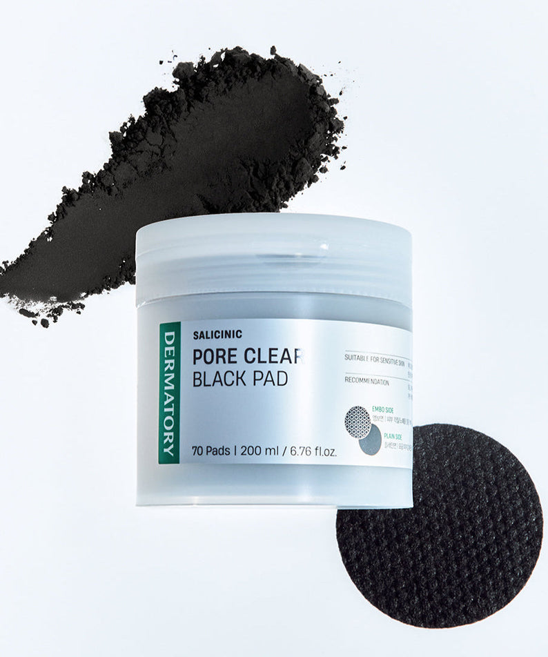 DERMATORY Salicinic Pore Clear Black Pad 70 Pads product image showing container with 70 pads next to black powder and single pad.