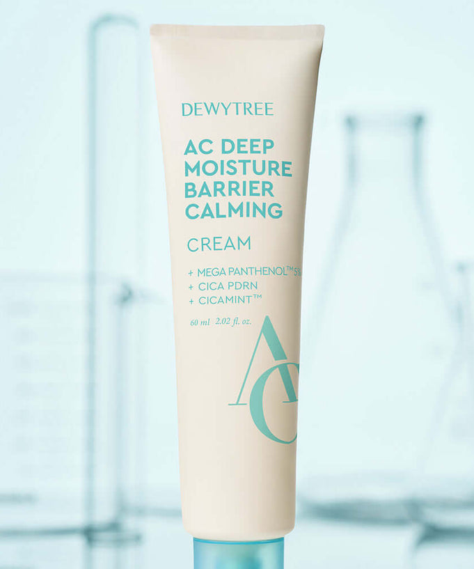 DEWYTREE AC Deep Barrier Soothing Moisturizing Cream 60ml tube against a light blue background with scientific glassware.