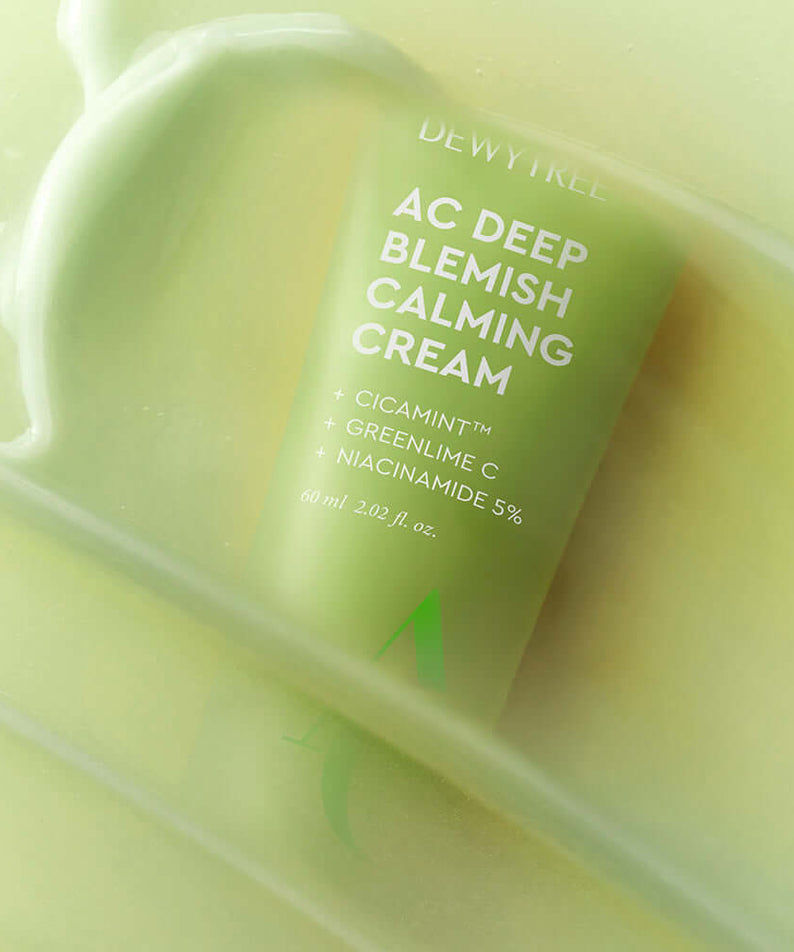 DEWYTREE AC Deep Trace Soothing Cream 60ml in green packaging with calming ingredients for blemishes and skin relief.