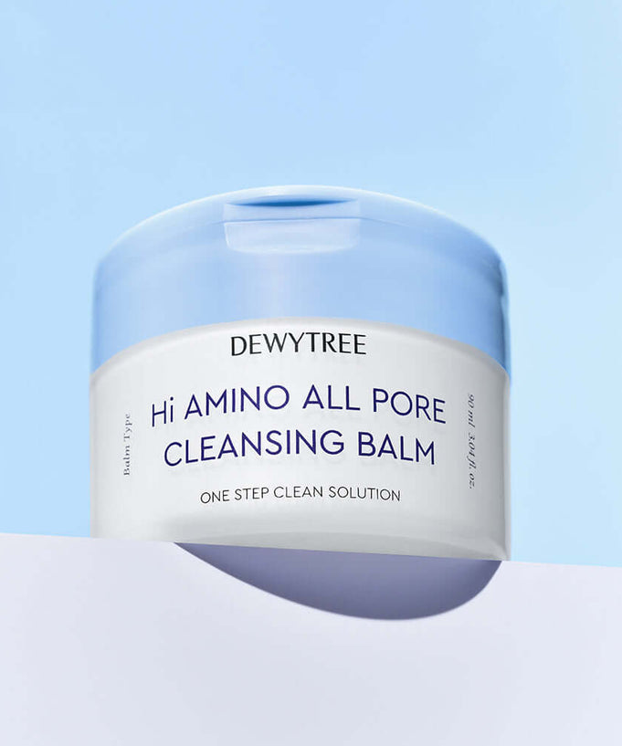DEWYTREE Hi Amino Pore All Deep Cleansing Balm 90ml in a blue container on a light background.