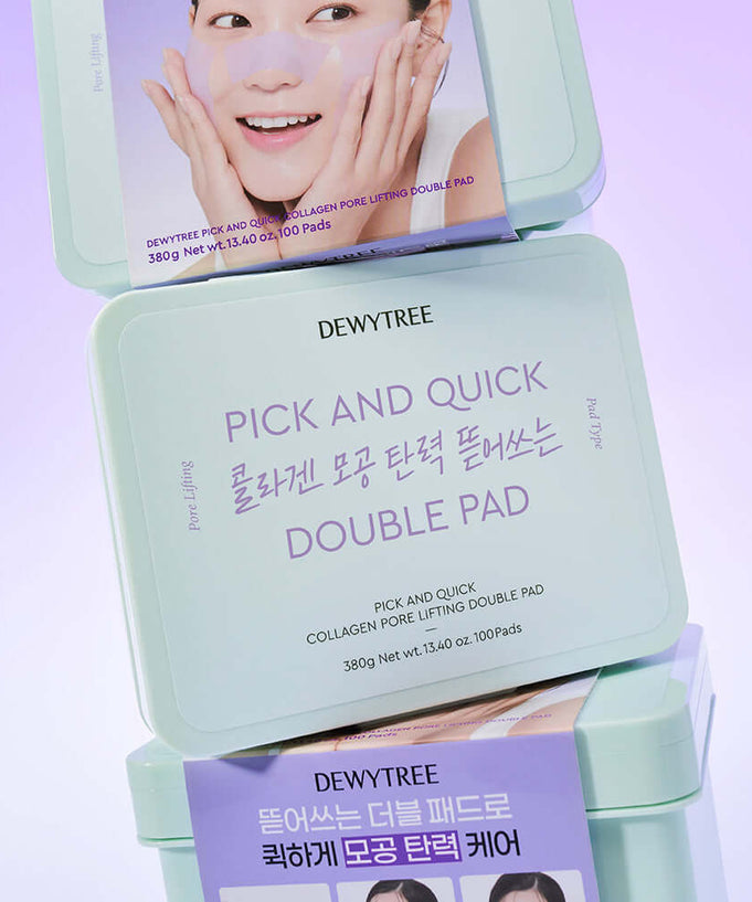 DEWYTREE Pick & Quick Collagen Pore Elasticity Tear-Off Double Pad 100 sheets stacked in packaging