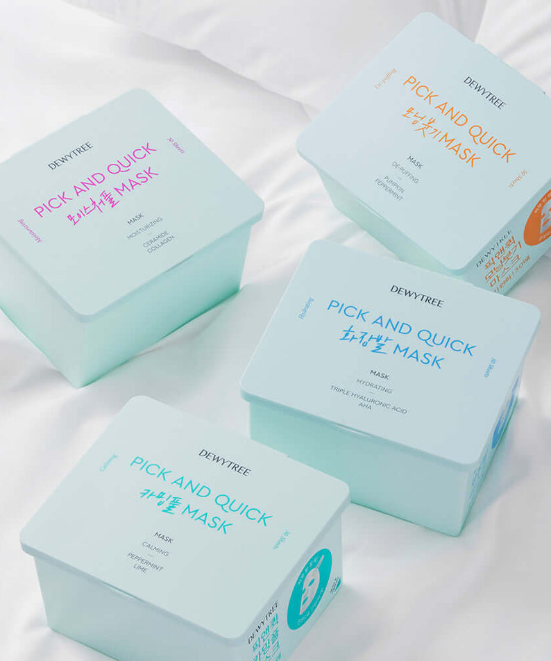 DEWYTREE Pick & Quick Pull-Out Mask 30 sheets displayed in four pastel-colored containers on a white surface.