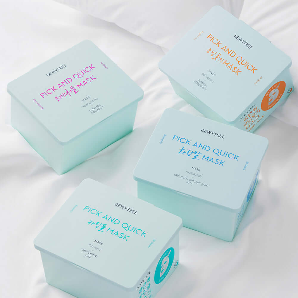 DEWYTREE Pick & Quick Pull-Out Mask 30 sheets displayed in four pastel-colored containers on a white surface.