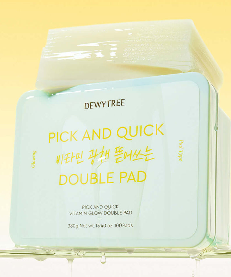 DEWYTREE Pick & Quik Vitamin Glow Tear-Off Double Pads 100 sheets packaging on display with bright background