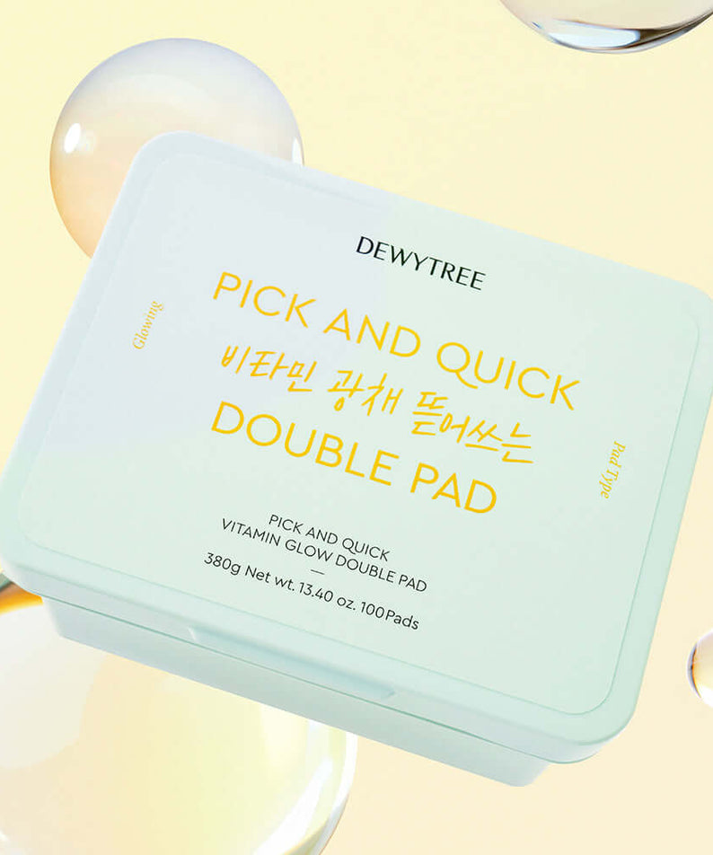 DEWYTREE Pick & Quik Vitamin Glow Tear-Off Double Pads 100 sheets skincare packaging with yellow text on a light background