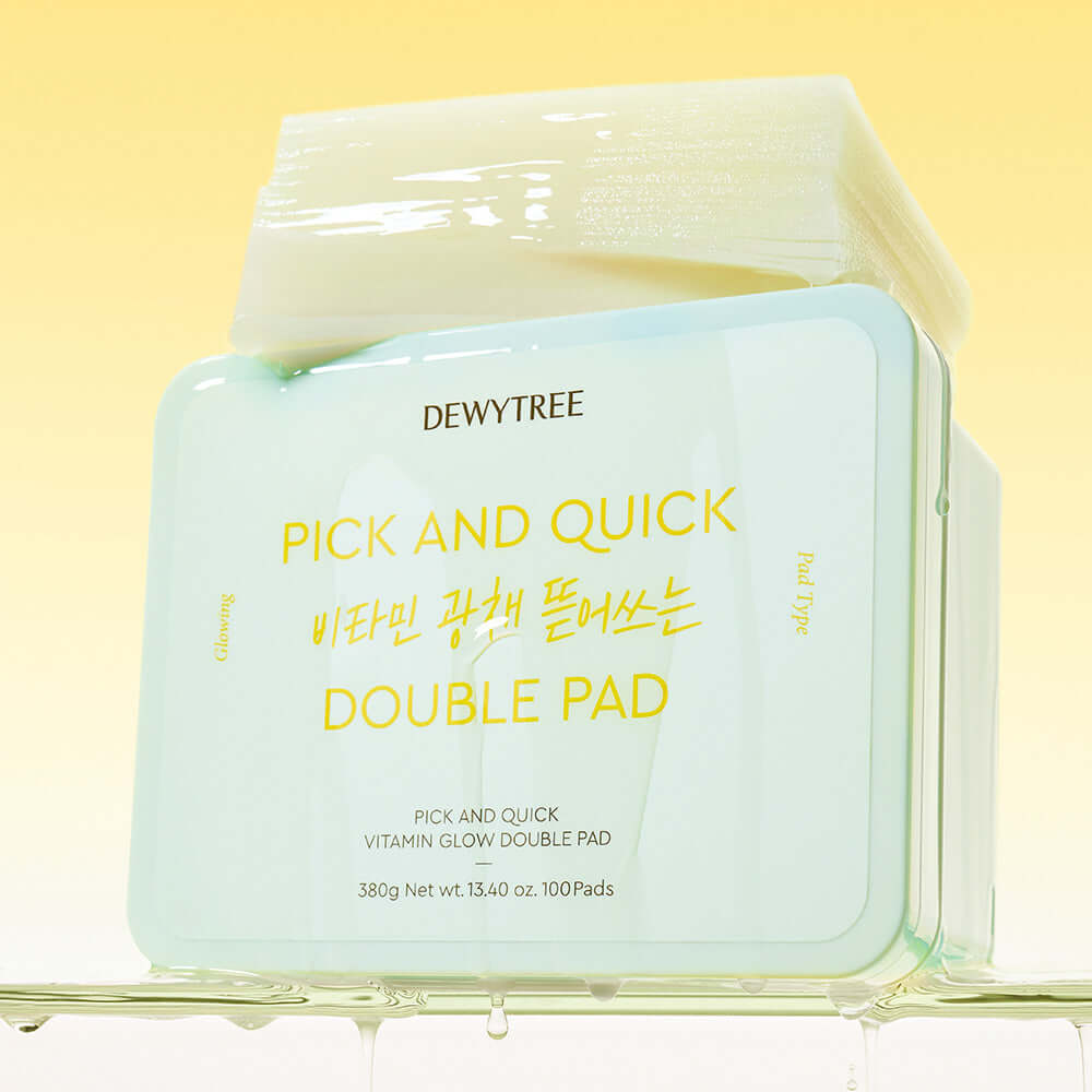 DEWYTREE Pick & Quik Vitamin Glow Tear-Off Double Pads 100 sheets packaging on display with bright background